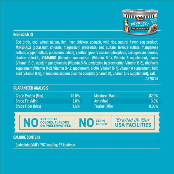 Merrick Purrfect Bistro Premium Canned Adult Wet Cat Food Wild-Caught Cod Spinach & Wild Rice Recipe Grilled in Sauce
