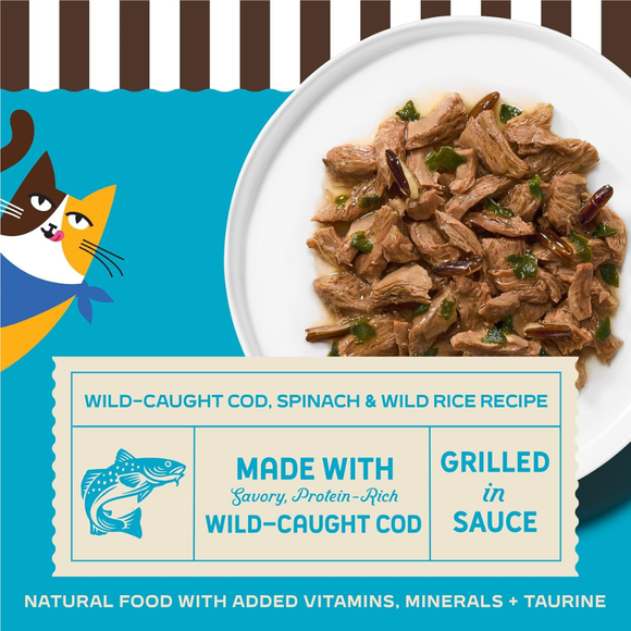 Merrick Purrfect Bistro Premium Canned Adult Wet Cat Food Wild-Caught Cod Spinach & Wild Rice Recipe Grilled in Sauce