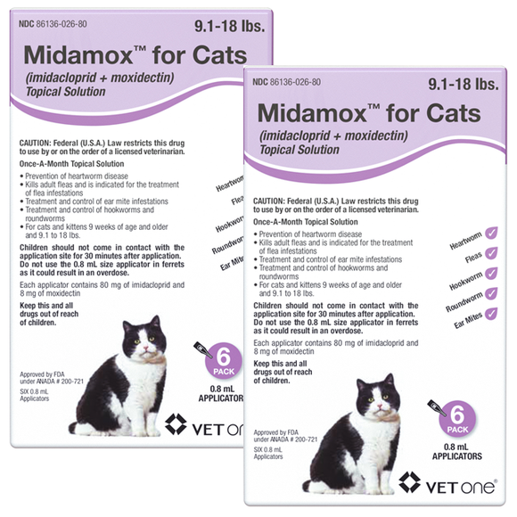 Midamox Topical Solution for Cats 9.1-18 lbs Purple Box - 12 Doses (12-mos. supply) - Pet Medicine 11