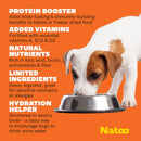 Dog drinking from a bowl with product features listed on an orange background