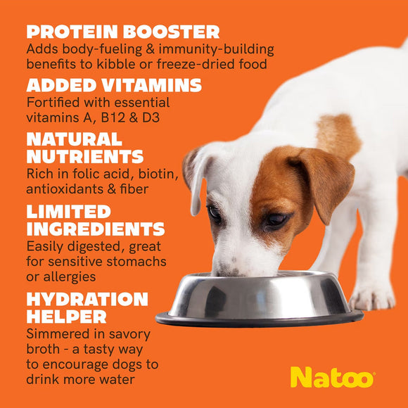 Dog drinking from a bowl with product features listed on an orange background