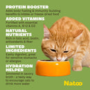 Cat drinking from an orange bowl with Natoo product information on a green background