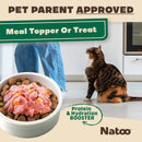 Cat looking at a bowl of food with pink topping and text about pet parent approval and Natoo product.