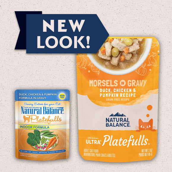 Two packages of Natural Balance cat food with 'New Look!' text on a light gray background