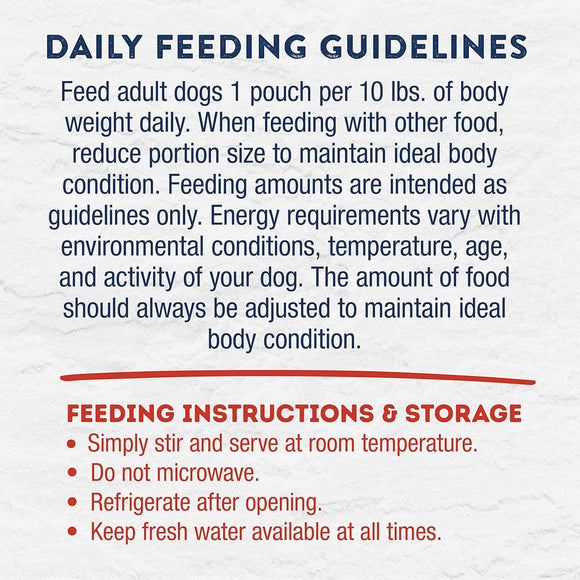 Feeding guidelines and instructions for a pet food product on a white background.