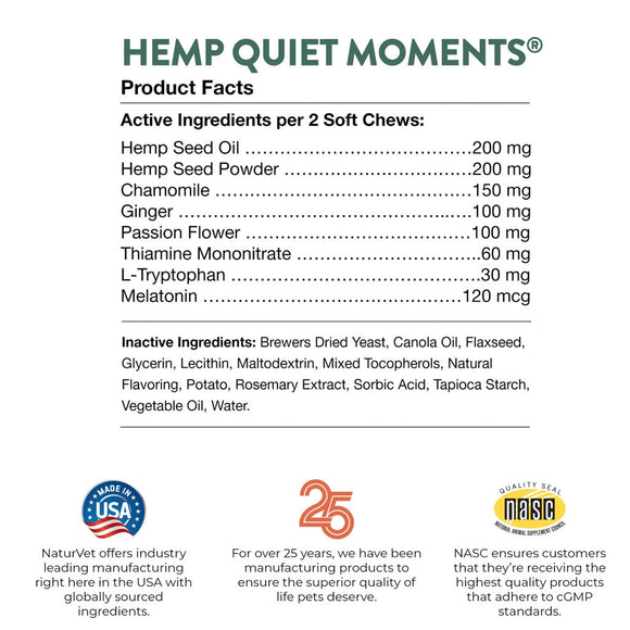 NaturVet Hemp Quiet Moments Plus Hemp Seed Soft Chews for Dogs - Dog Calming & Anxiety Supplements 12