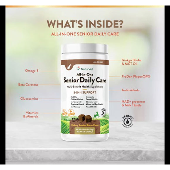 NaturVet Senior Daily Care Multi-Benefit Soft Chew 8-in-1 Support For Dogs -60 Soft Chews