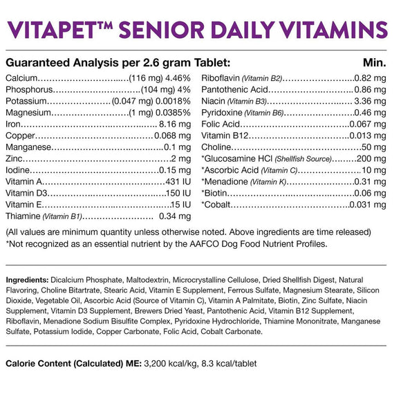 NaturVet VitaPet Senior Daily Vitamins Plus Glucosamine Dog Supplement 60 chewable tablets ingredients