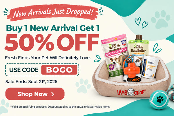 Promotional banner for a pet adoption deal, featuring a beige pet bed filled with various pet treats and toys, alongside text offering a 50% off buy-one-get-one discount with code BOGO.