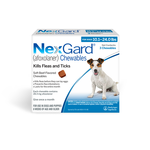 NexGard Chew for Dogs (Afoxolaner) 10.1-24 lbs (Blue Box) - 3 Chews (3 month supply) - Pet Medicine 16