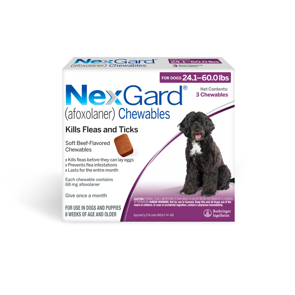 NexGard Chew for Dogs (Afoxolaner) 24.1-60 lbs (Purple Box) - 3 Chews (3 month supply) - Pet Medicine 16