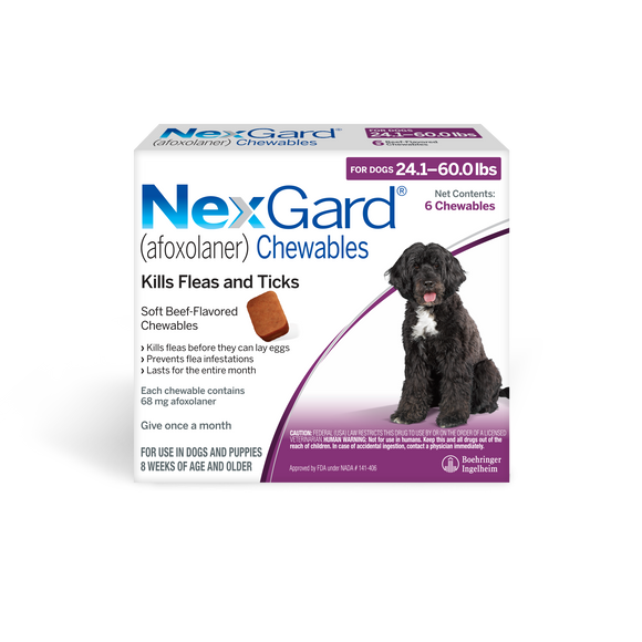 NexGard Chew for Dogs (Afoxolaner) 24.1-60 lbs (Purple Box) - 6 Chews (6 month supply) - Pet Medicine 15