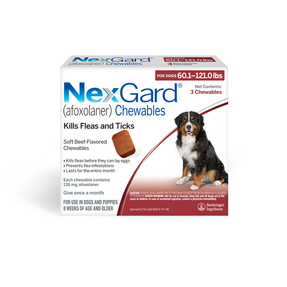 NexGard Chew for Dogs (Afoxolaner) 60.1-121 lbs (Red Box) - 3 Chews (3 month supply) - Pet Medicine 16