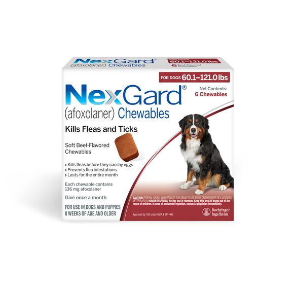 NexGard Chew for Dogs (Afoxolaner) 60.1-121 lbs (Red Box) - 6 Chews (6 month supply) - Pet Medicine 15