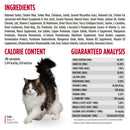 Cat with a detailed pet food label showing ingredients, calorie content, and guaranteed analysis.