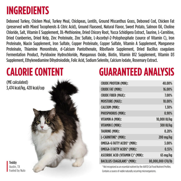 Cat with a detailed pet food label showing ingredients, calorie content, and guaranteed analysis.