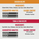 Nutritional information and ingredients for chicken and tuna & crab recipes on a white background.