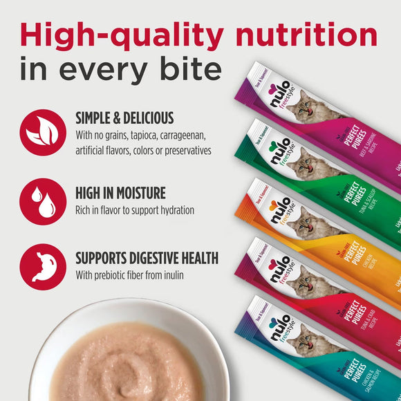 Nulo cat food pouches with a bowl of cat food and text highlighting high-quality nutrition.