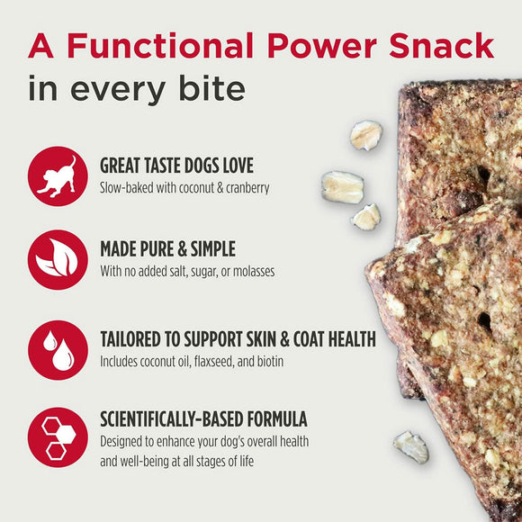 Dog treat packaging with text highlighting features on a white background