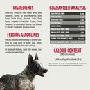 Dog food label with ingredients, guaranteed analysis, feeding guidelines, and calorie content.