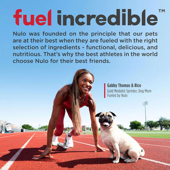 Woman in athletic gear with a dog on a track, promoting Nulo pet food.