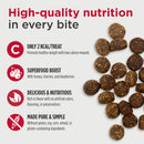 Dog treats with text highlighting high-quality nutrition, low calorie content, superfood boost, and purity.