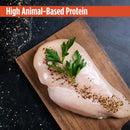 Raw chicken breast on a wooden cutting board with herbs and spices, text 'High Animal-Based Protein' at the top.