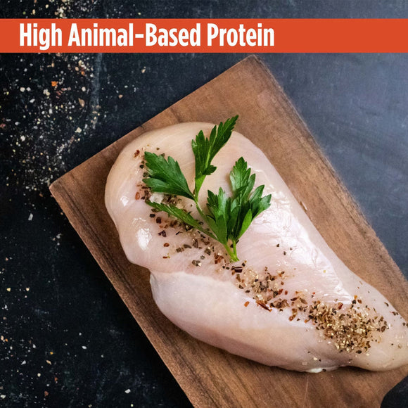 Raw chicken breast on a wooden cutting board with herbs and spices, text 'High Animal-Based Protein' at the top.
