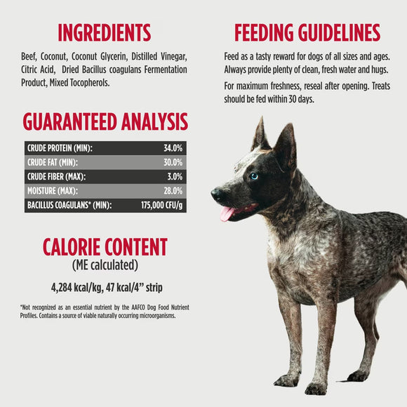 Dog treat packaging with ingredients, feeding guidelines, guaranteed analysis, and calorie content displayed.