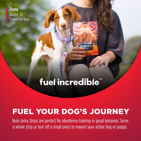 Person holding Nulo Jerky Strips with a dog, featuring 'fuel incredible' branding.