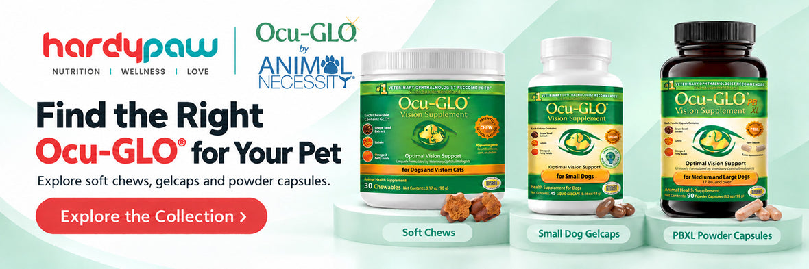 A promotional banner for Ocu-GLO pet supplements by Hardypaw, showing three product containers: Soft Chews, Small Dog Gelcaps, and PBXL Powder Capsules, with branding and text on a light teal background.