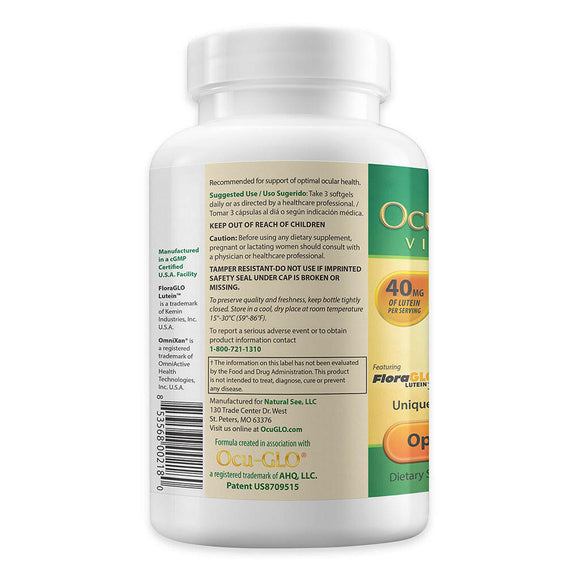 Back label of Ocu-GLO Human Vision Formula Eye Support Supplement
