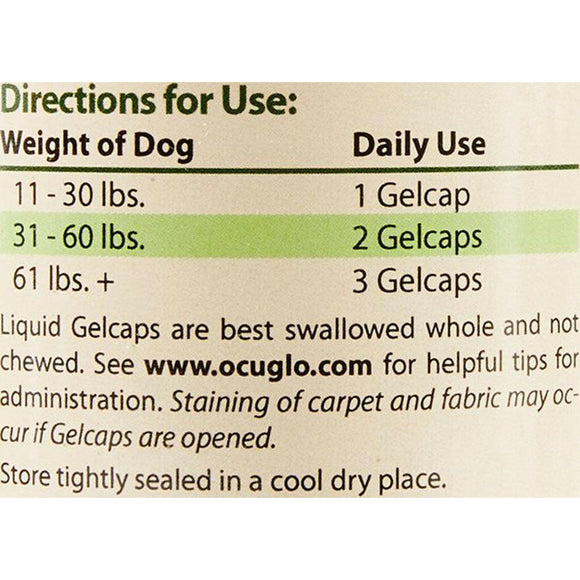 Directions to use for dogs of Ocu-GLO Vision Liquid Gel Capsules for Medium & Large Dogs