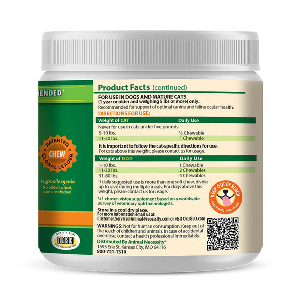 Directions to use for Cats and Dogs of Ocu-GLO Vision Support Supplement for Dogs and Mature Cats