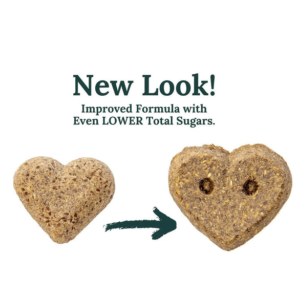 A heart-shaped horse treat with 'Omega Fields' branding