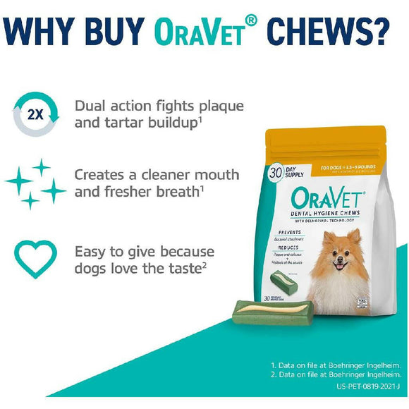 ORAVET Dental Hygiene Chews For Extra Small Dogs 3.5-9 lbs (30 chews)