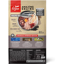 Orijen dog food package with ingredients and nutritional information on a beige background