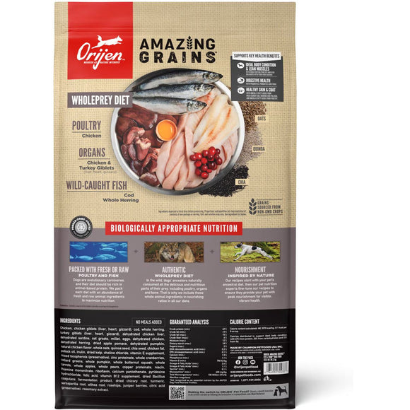 Orijen dog food package with ingredients and nutritional information on a beige background