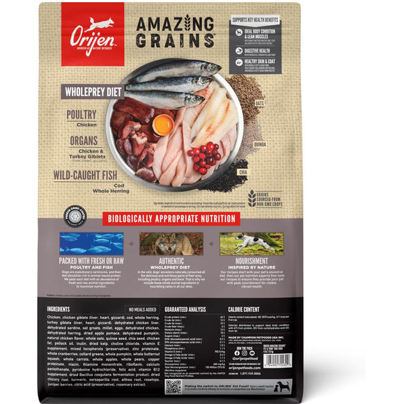 OrijenAmazing Grains dog food package on a white background