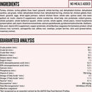 Dog food ingredient list and guaranteed analysis on a white background
