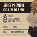 Super premium grain blend label with grains on a brown background