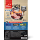 Orijen dog food package with 'Amazing Grains' label on a beige background