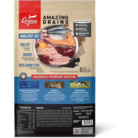 Orijen dog food package with 'Amazing Grains' label on a beige background