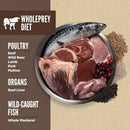 Wholeprey Diet product with raw meats and fish on a beige background