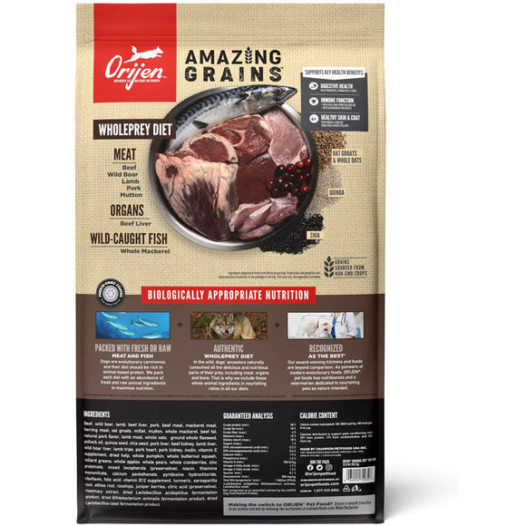 Orijen dog food package with text and images of ingredients on a beige background