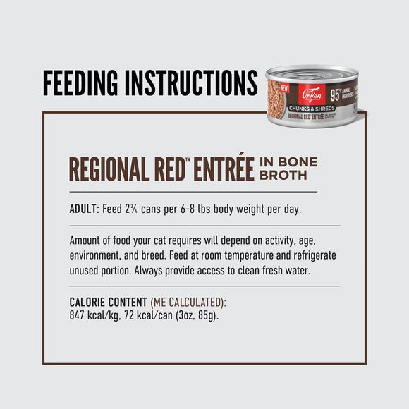 Feeding instructions for a can of Regional Red Entrée cat food on a white background