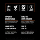 Product label detailing features of ORIJEN wet cat food on a black background