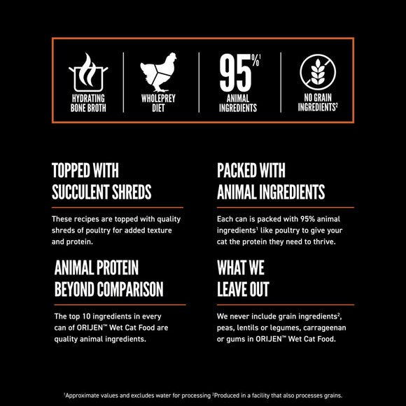 Product label detailing features of ORIJEN wet cat food on a black background