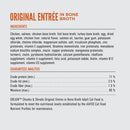 Ingredients and guaranteed analysis for Orien'Z Chunks & Shreds Original Entrée in Bone Broth cat food.