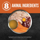 Dish with animal ingredients on a dark surface with 'First 8 Ingredients' branding.